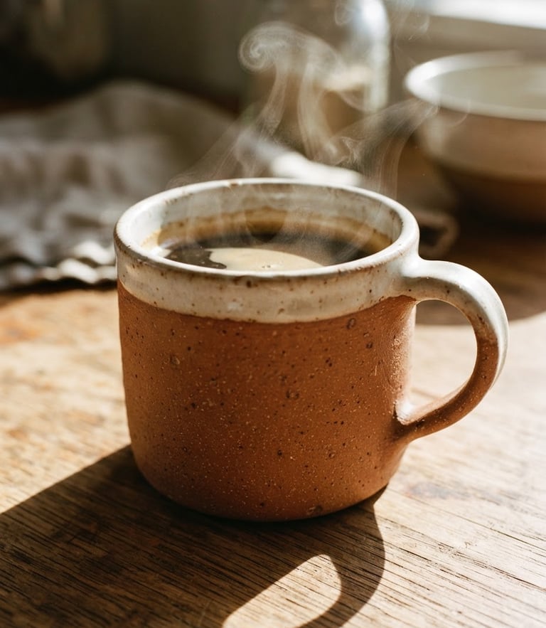 Close-up of a heavy terracotta mug on a wooden kitchen table, direct warm sunlight casting sharp shadows, steam rising, macro 35mm