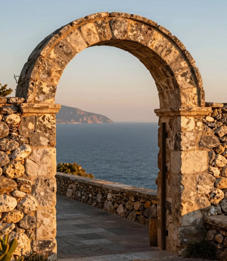 A quiet, uncrowded sunlit stone archway overlooking a pristine Mediterranean coastline at golden hour, warm editorial travel photography, 35mm