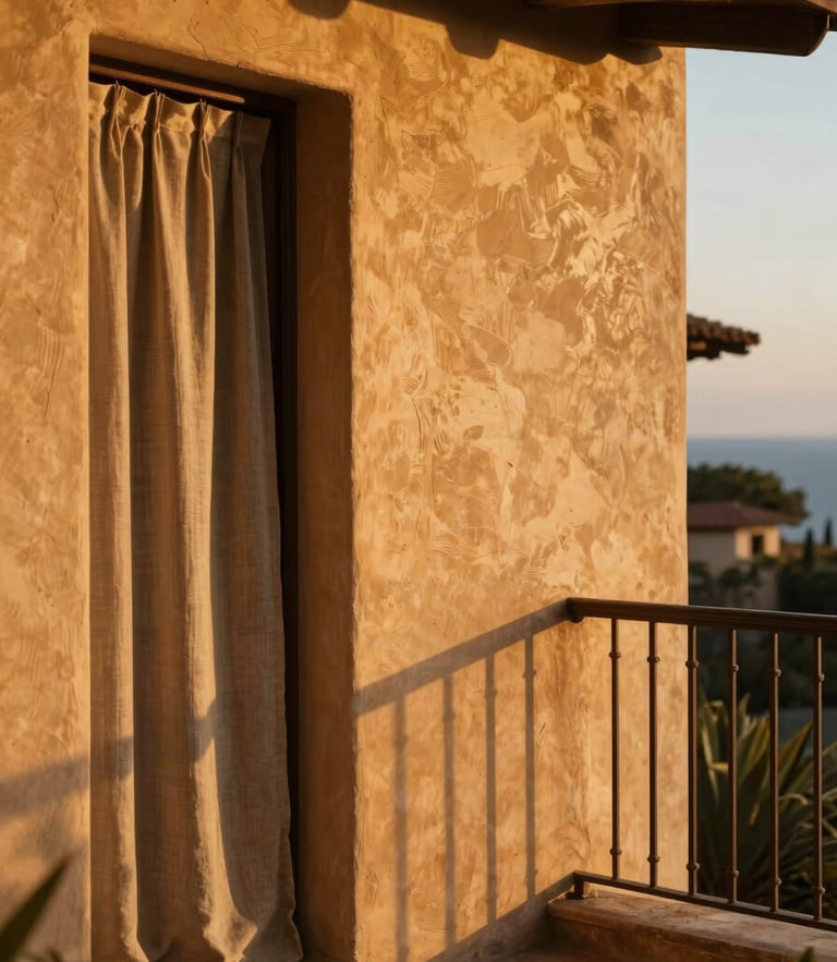 Warm golden hour light hitting the textured plaster wall and linen drapes of a private boutique villa balcony, 35mm editorial travel photography.