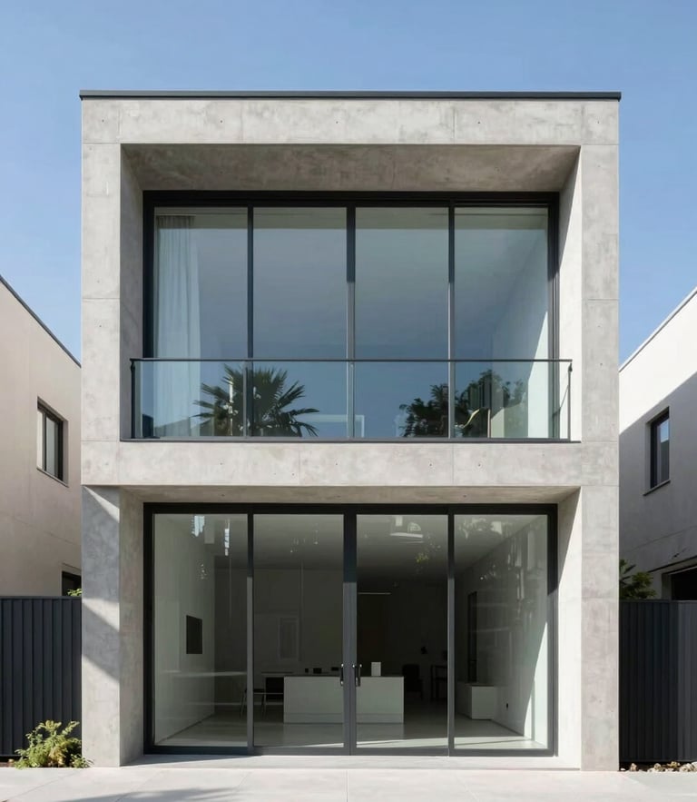 Straight-on architectural elevation of a modern concrete and glass residence, sharp shadows, bright natural daylight, minimalist exterior, 35mm lens