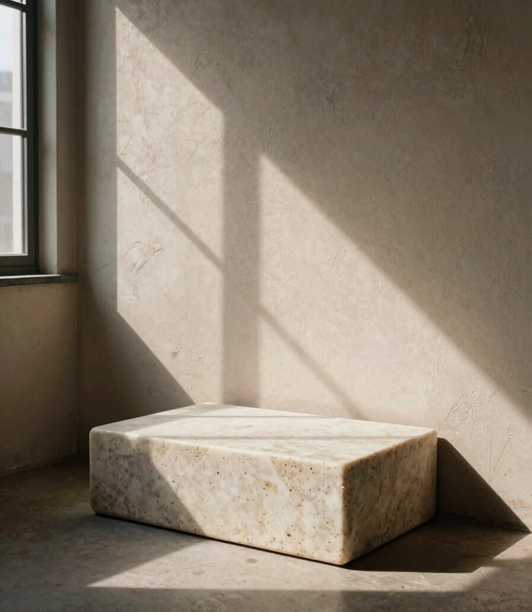 A monolithic travertine plinth casting dramatic low-angle shadows on a textured plaster wall, warm editorial photography, side-lit window daylight, medium format film