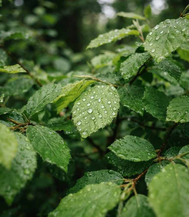 Close-up detail shot of fresh green leaves with water droplets in soft morning light, shallow depth of field, 35mm