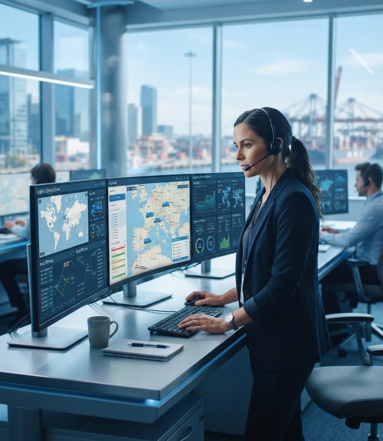 A professional logistics coordinator looking at high-tech GPS tracking screens in a modern, bright control room, morning daylight, cool blue tones