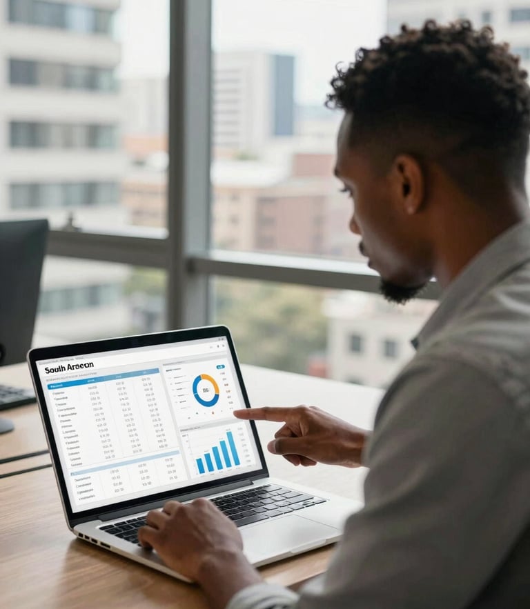 Over-the-shoulder shot of a modern South African entrepreneur reviewing a clean financial dashboard on a laptop, bright natural daylight streaming through an office window in Sandton.