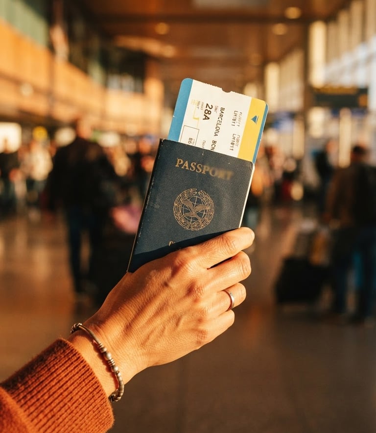A close-up of a traveler holding a passport with a boarding pass sticking out, warm sun-drenched golden hour light, rich saturated tones.