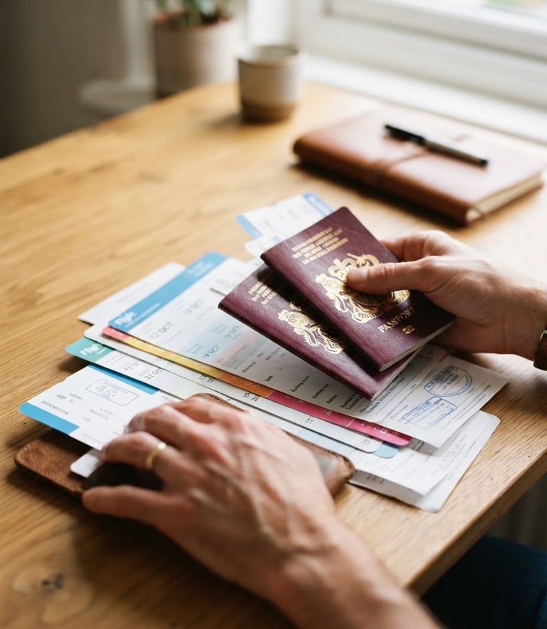 A close-up of hands organizing passports and travel documents on a clean wooden desk, bright natural daylight, 35mm lens