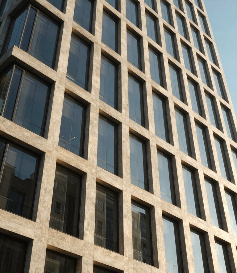 Wide-angle editorial corporate photography of a modern concrete and glass skyscraper facade, sharp architectural daylight, clean geometric lines, 35mm