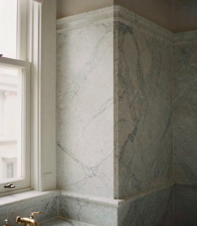 Architectural detail of a luxury bathroom renovation, flawless mitered marble joints, brass fixtures, soft morning light, 35mm film