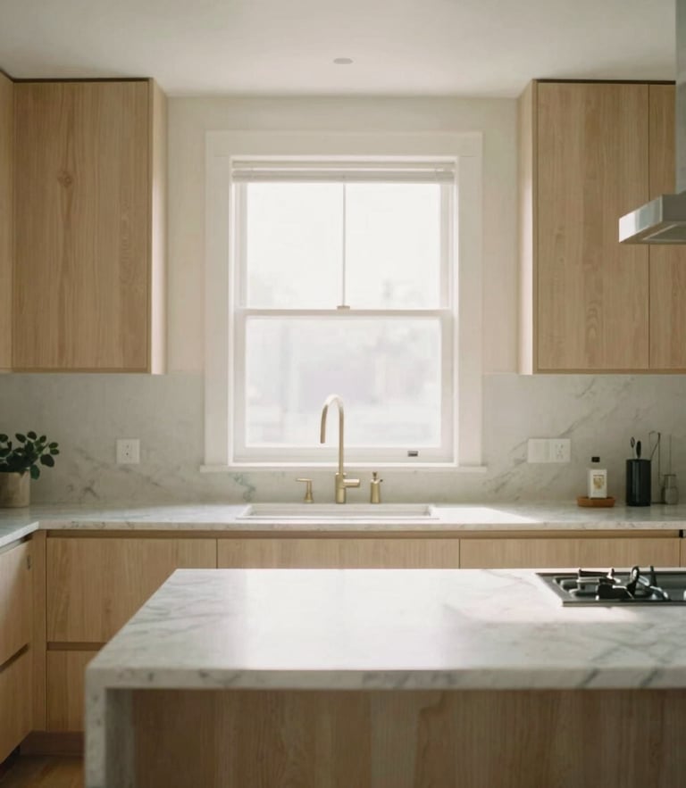 Straight-on architectural photography of a minimalist Vancouver kitchen, warm cream oak millwork, marble island, soft natural window light, 35mm film