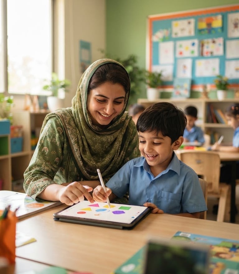 A bright, sunlit medium shot of a friendly Pakistani elementary school teacher helping a smiling young child with a digital tablet in a modern green-accented classroom, warm daylight, shallow depth of field, 35mm.