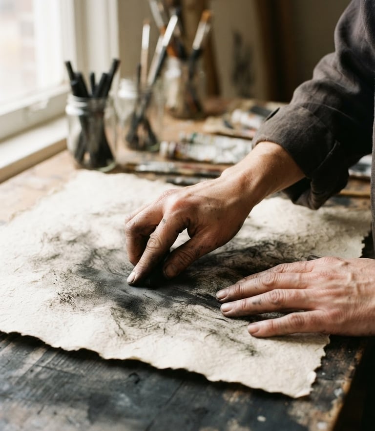 Hands smudging charcoal on heavily textured parchment paper under soft side window light, artist studio setting, warm tones, 35mm photography
