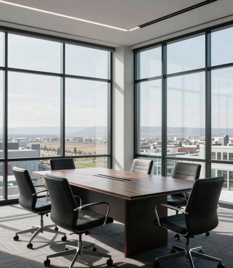A clean minimalist corporate boardroom in Casper, Wyoming, cool diffused daylight, sharp shadows, architectural geometry of glass and steel.