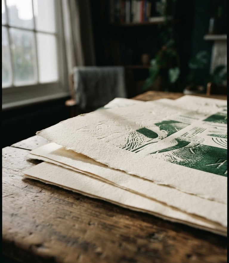 A close-up of tactile print collateral on a heavy warm cream paper, soft overcast London daylight casting moody window shadows