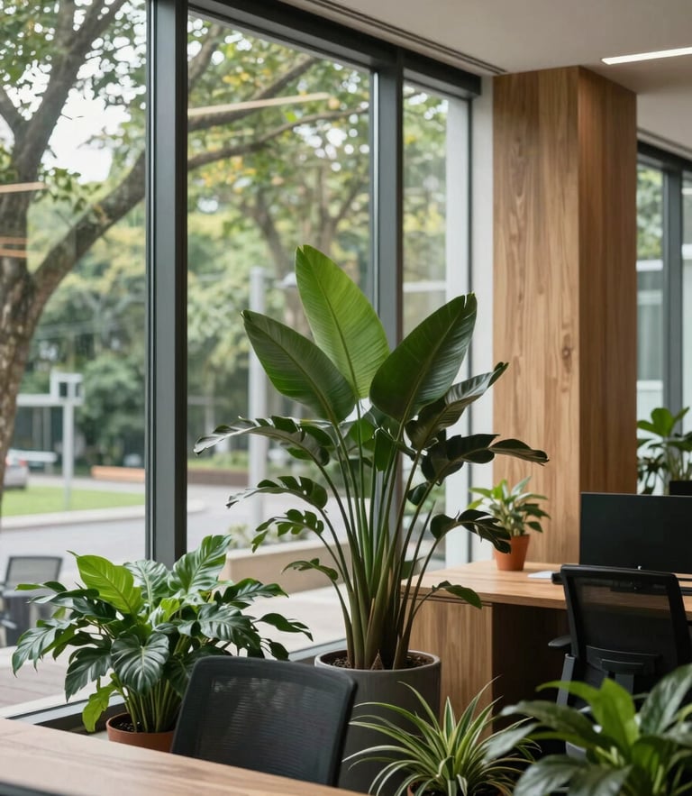 Architectural composition of a modern corporate office with biophilic design, large windows showing trees outside, potted plants inside, soft natural daylight, 35mm photography