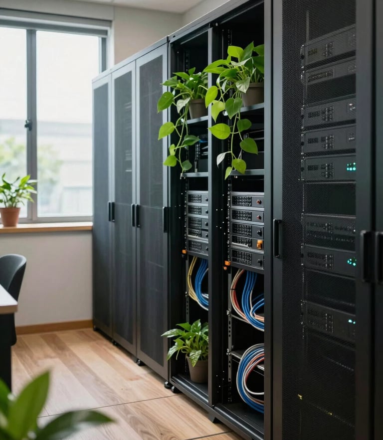Architectural composition of a modern, clean corporate server room with soft natural daylight from a side window, green biophilic indoor plants neatly placed, organized cables, editorial photography style, 35mm