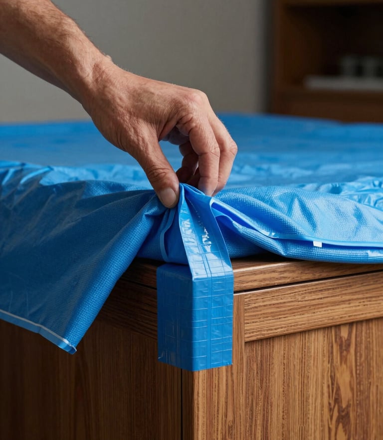 Close-up shot of professional hands applying thick blue protective blankets and heavy-duty tape around the wooden corners of a premium cabinet, natural high-contrast indoor lighting.