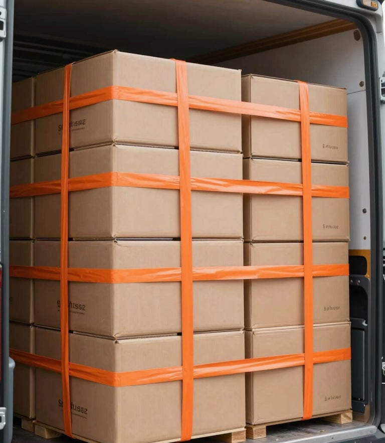 Spotless interior of a moving truck with neatly stacked uniform boxes secured by heavy-duty orange straps, bright clean lighting.