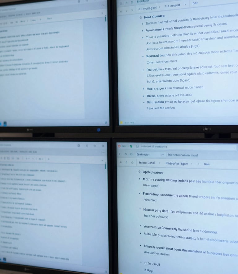 A split-screen view of multi-language technical documentation on high-resolution screens, cool blue daylight, clean geometric lines