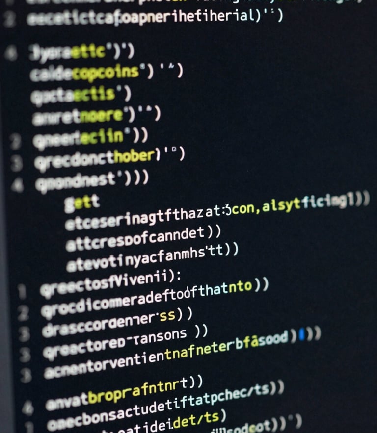 Macro close-up of structured software code alongside localized text strings on a dark monitor, cool white lighting, sharp focus