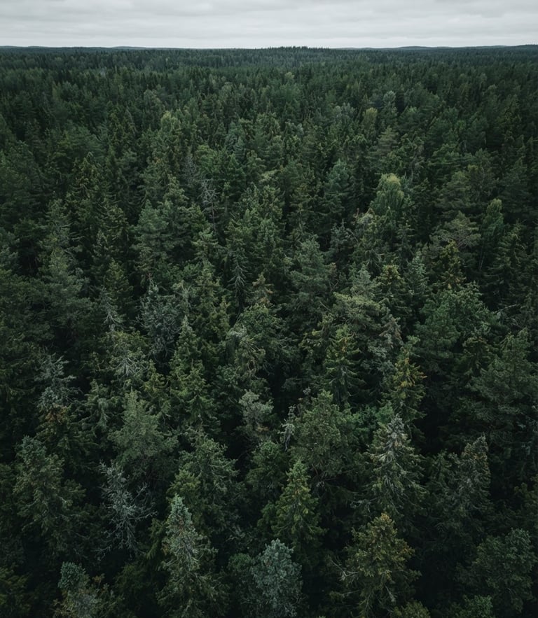 Aerial photography of a deep, dense green pine forest canopy, natural overcast daylight, cinematic editorial style