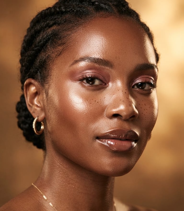 Close-up editorial portrait of a diverse model with luminous, dewy skin, warm studio strobe lighting highlighting cheekbone sheen, rich nude tones
