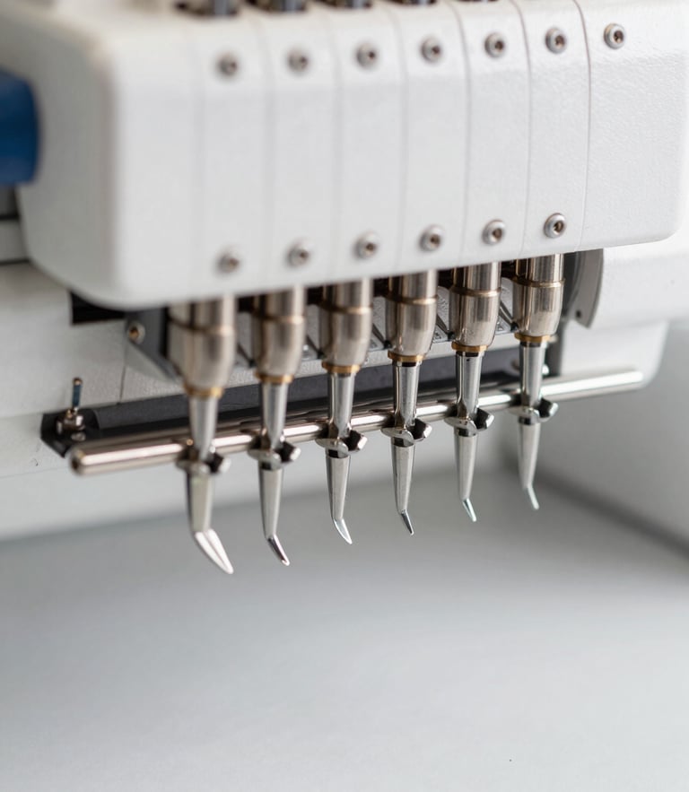 Extreme close-up of a high-speed multi-head embroidery machine needle area, bright neutral studio lighting, focus on metallic textures of the needle bar and tensioners, clean white background.