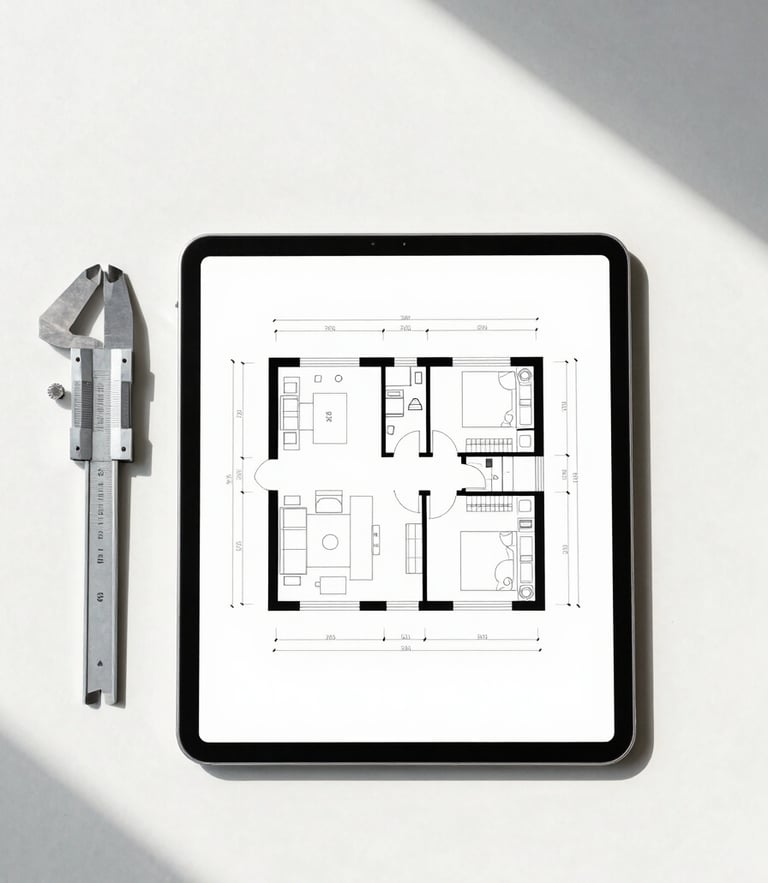 Frontal perspective of a clean, minimalist architectural floor plan on a tablet, next to a steel caliper on a white desktop under bright natural light.