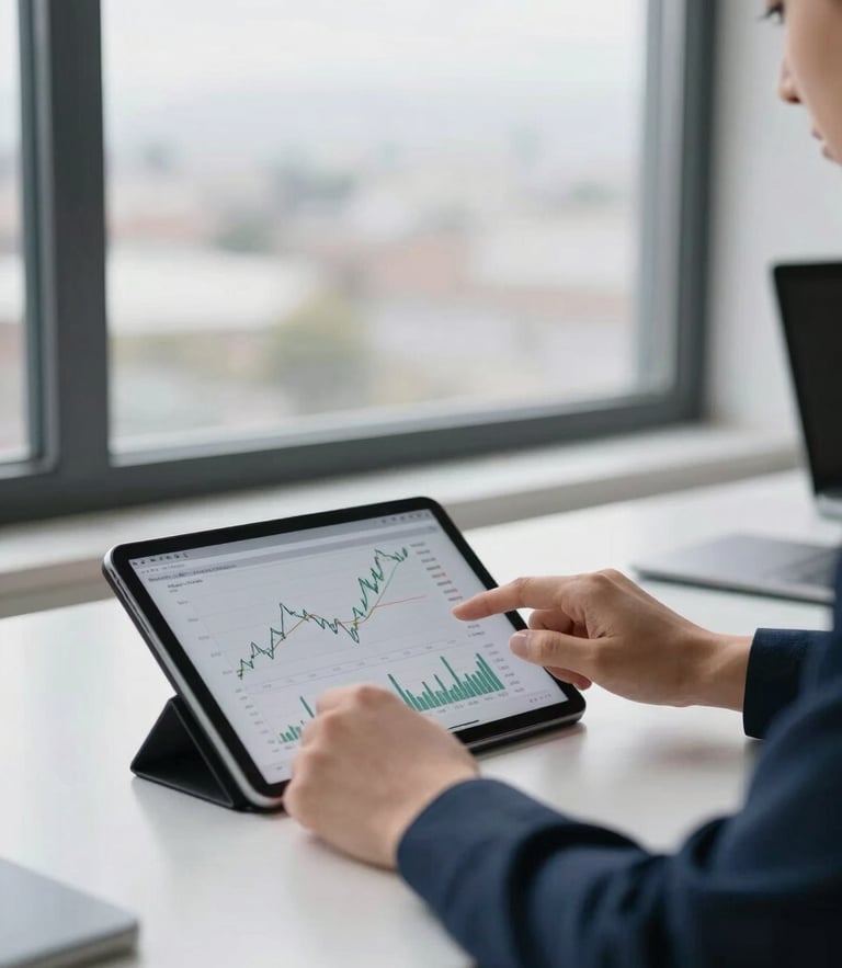 Modern clean workspace in southern Chile, soft overcast daylight through a window, hands analyzing financial charts on a tablet, professional and precise atmosphere, 35mm