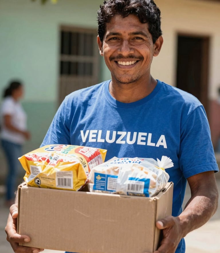 Warm editorial portrait of a local Venezuelan humanitarian volunteer smiling in bright natural sunlight, holding a box of food supplies, authentic connection, rich natural colors, 35mm