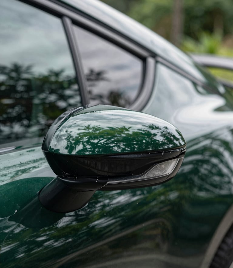 Extreme macro of a clean car panel reflecting green foliage under natural overcast daylight, high-contrast gloss finish, 50mm lens