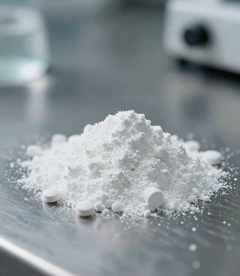 Macro close-up of pure white pharmaceutical-grade polymer powder on a sterile stainless steel surface, cool laboratory lighting, shallow depth of field, high-precision scientific environment.