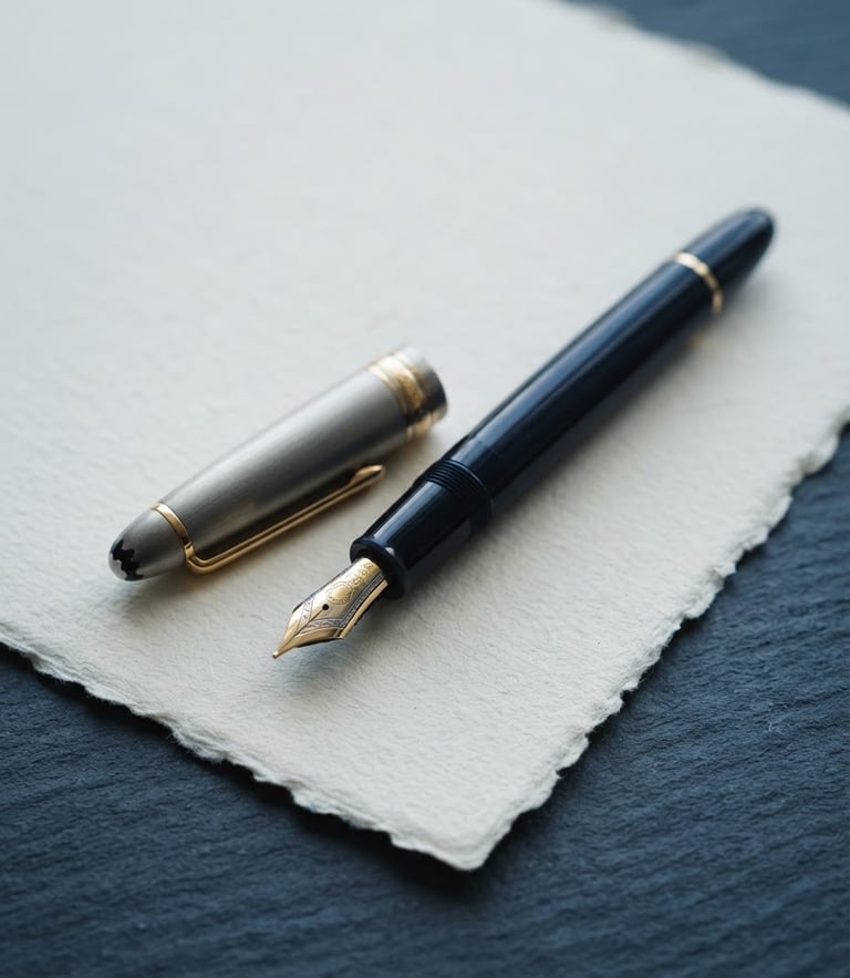 Macro close-up of heavy cotton paper with a fountain pen resting on a slate desk, cool diffused daylight, soft natural shadows, high-end editorial feel