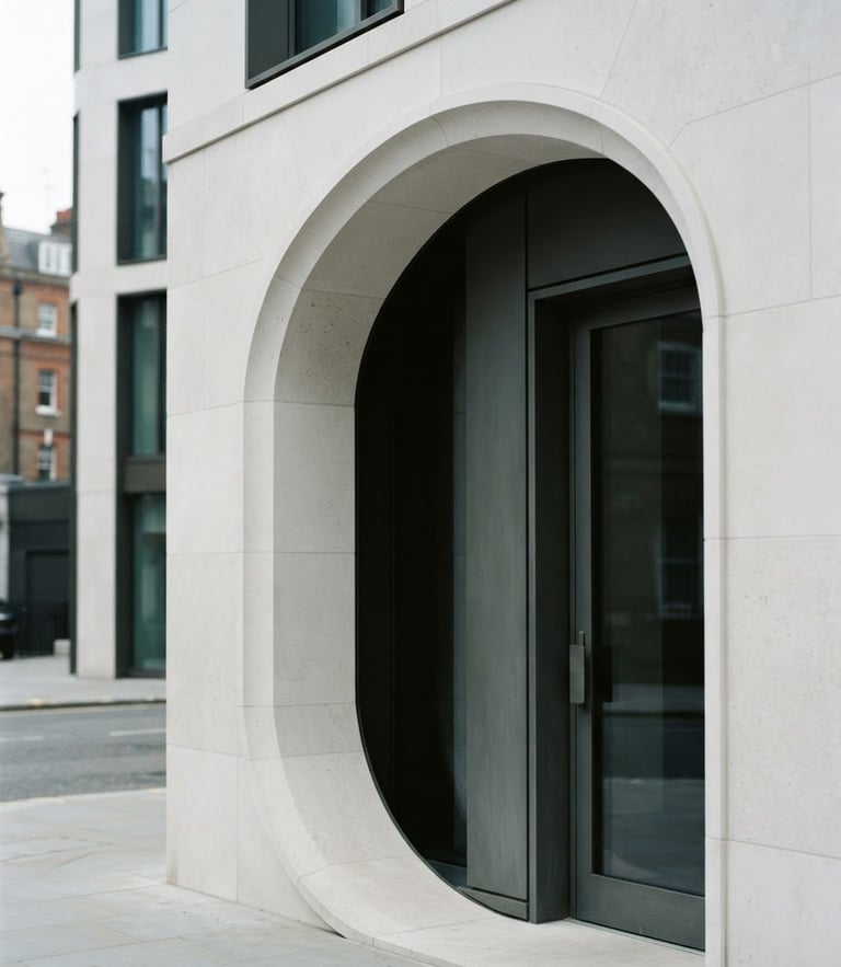 Minimalist architectural detail of a limestone corporate archway in London, cool diffused morning light, soft shadows, editorial 35mm feel