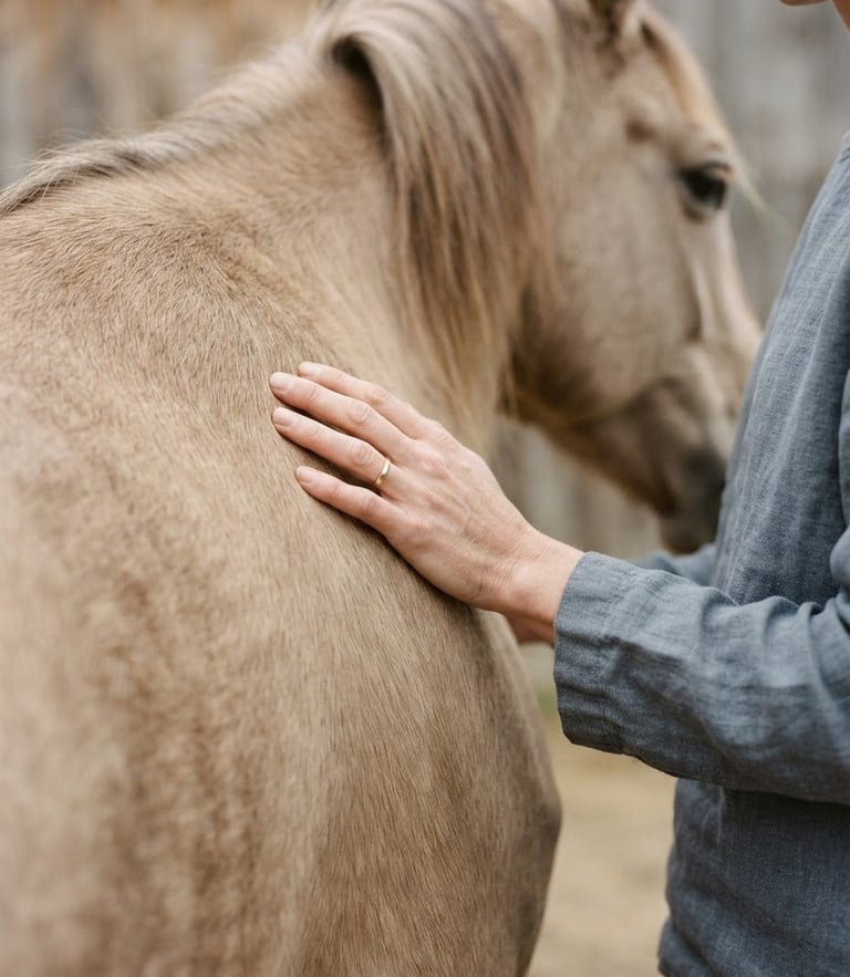 Hands gently resting on a calm horse's shoulder, soft diffused natural daylight, warm beige tones, shallow depth of field, minimalist editorial photography