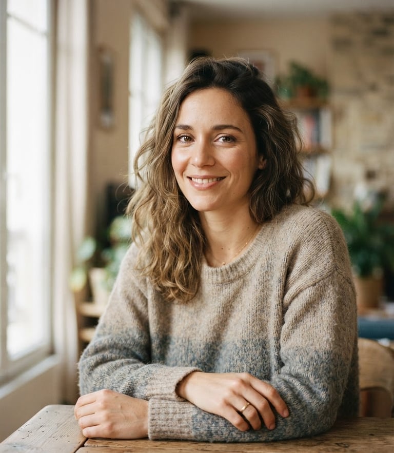 Warm editorial portrait of Élodie, a serene woman with a gentle smile, soft diffused daylight, muted beige and blue-gray tones, shallow depth of field, 35mm