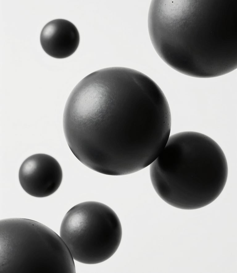 High-contrast 3D abstract geometric render with sharp monochrome lighting, metallic dark grey spheres floating in zero gravity, clean minimalist composition