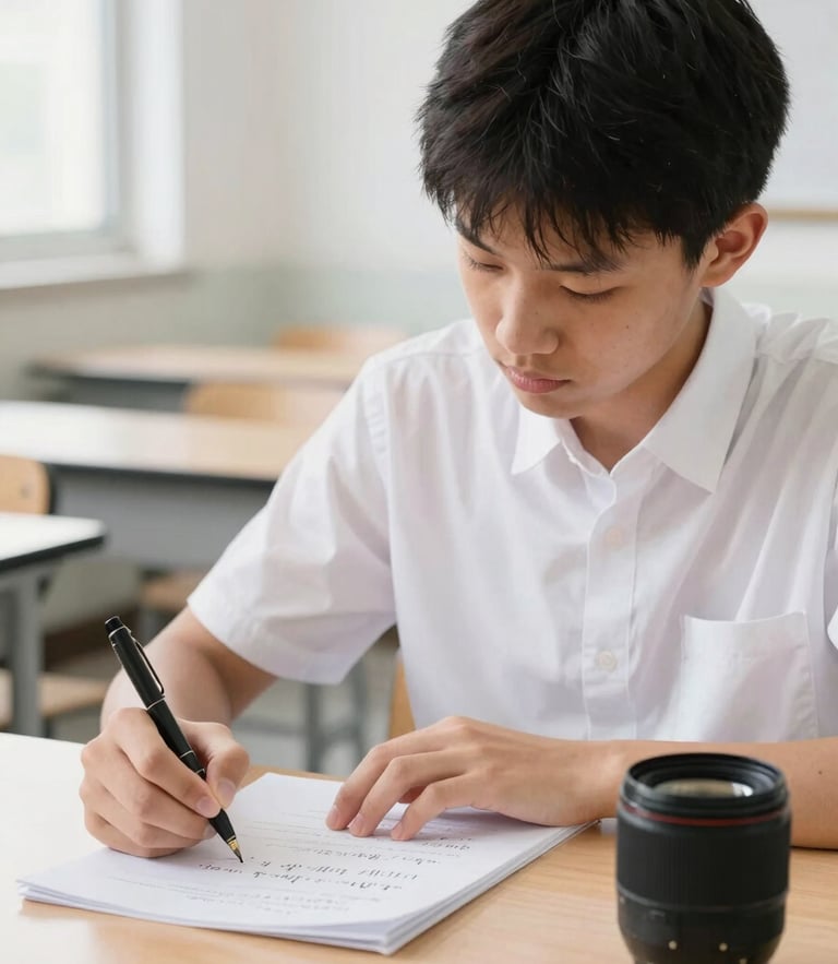 A focused high school student writing physics equations on a paper, bright natural desk lighting, sharp focus, 35mm lens