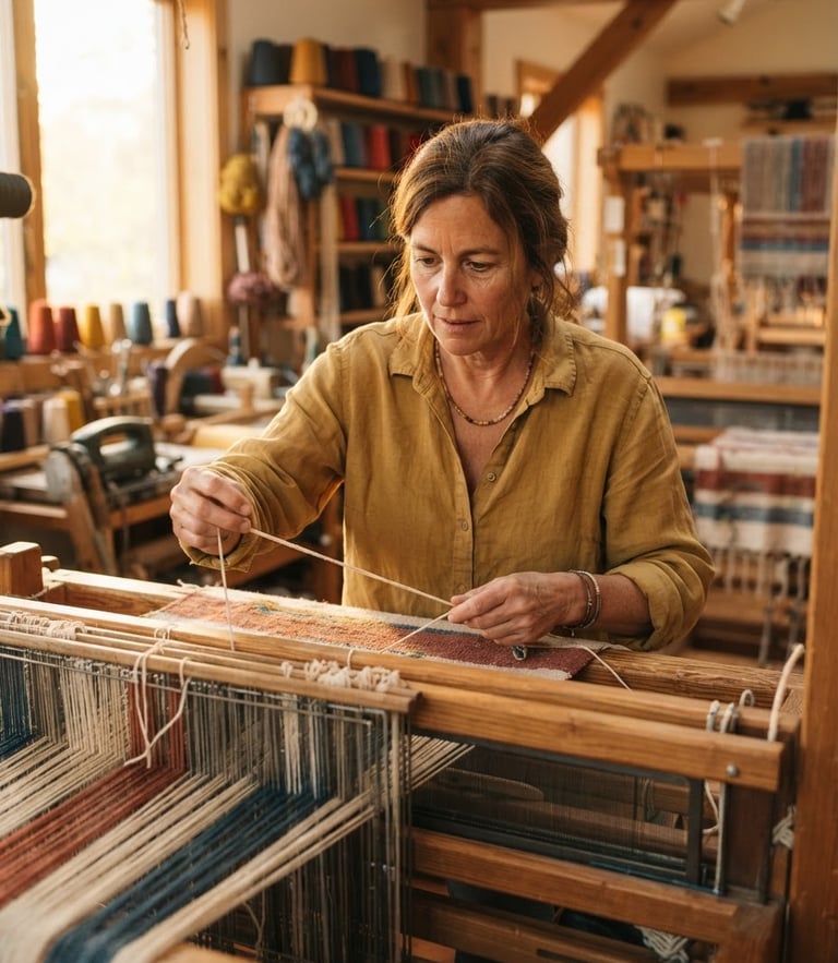 Medium-close portrait of a woman in a sunlit textile workshop, focused on threading a loom, warm natural golden-hour light, shallow depth of field, 35mm lens
