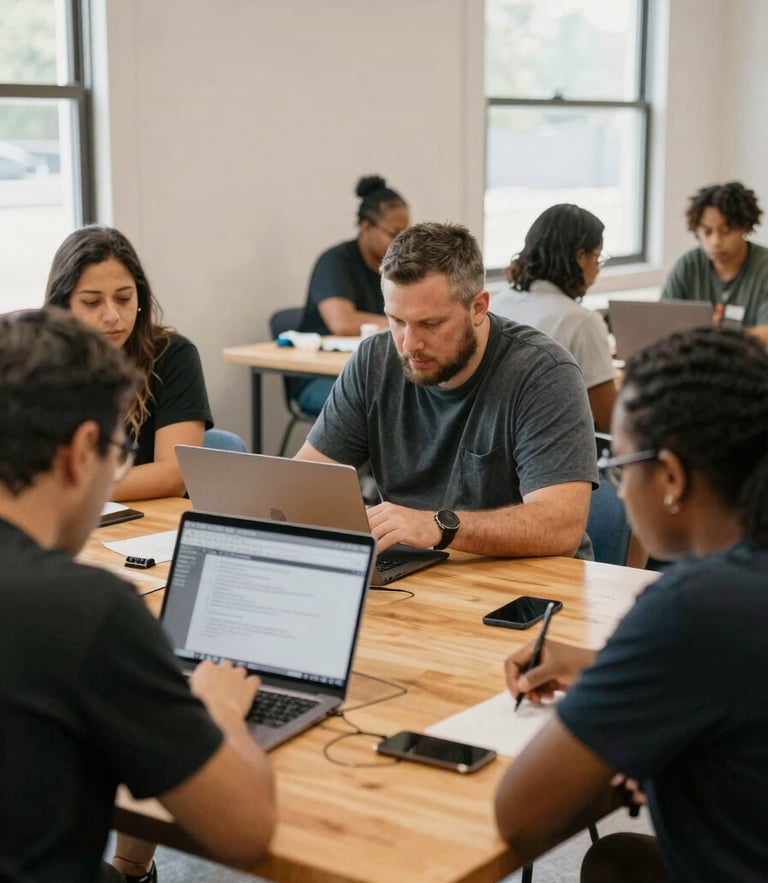 Warm documentary photography of a community workshop in Atlanta, organizers and developers collaborating over a laptop at a wooden table, natural indoor light, 35mm lens