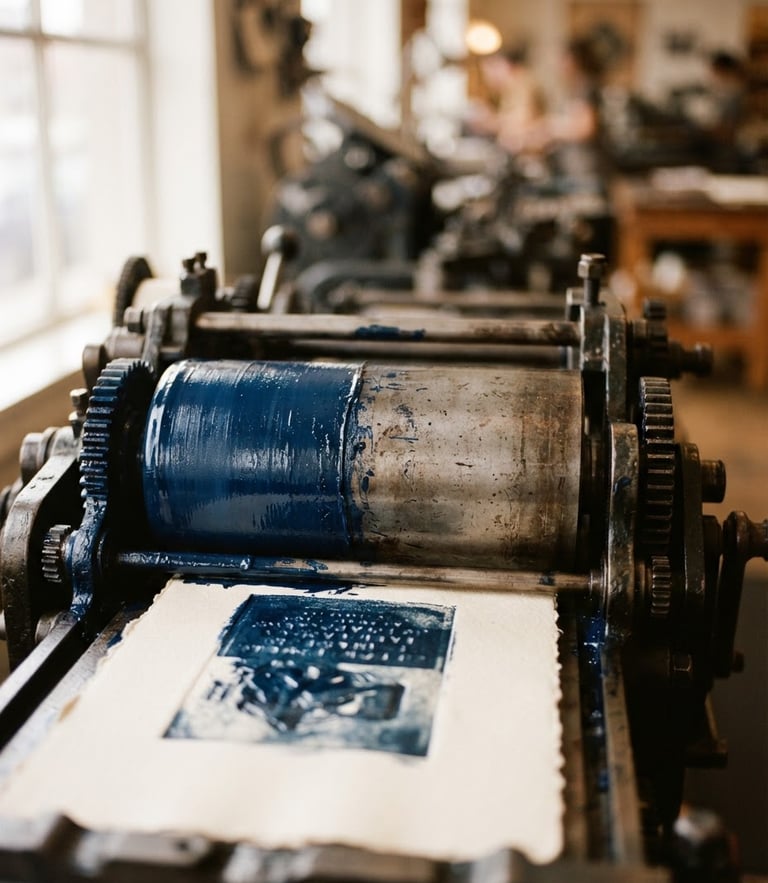 Close-up of a vintage printing press cylinder with rich blue ink, soft side-lighting from a workshop window, shallow depth of field, 35mm photography