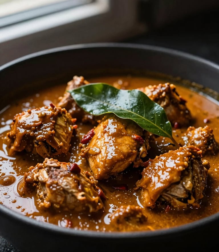Moody close-up of a glistening rich chicken curry in a black bowl, fresh curry leaves on top, dramatic window light, high contrast