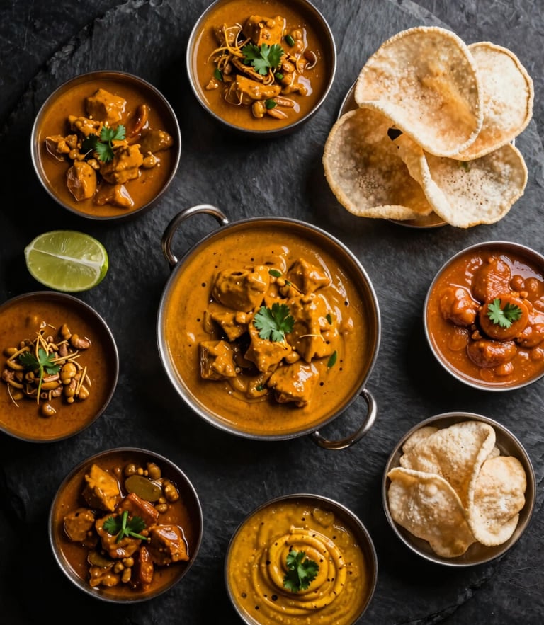 Overhead flat-lay of a complete South Indian meal set on a dark slate background, vibrant curry bowls, crisp papadum, moody side-lighting