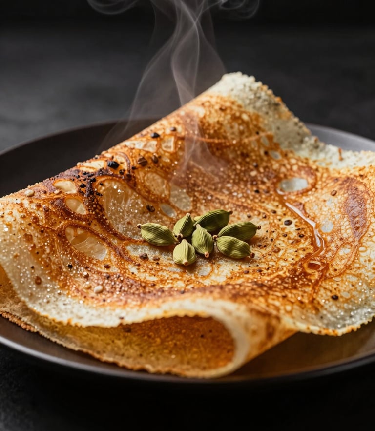 Macro shot of a golden, crisp South Indian dosa on a dark plate, steam rising, dramatic side-lighting, cardamom-green accent tones