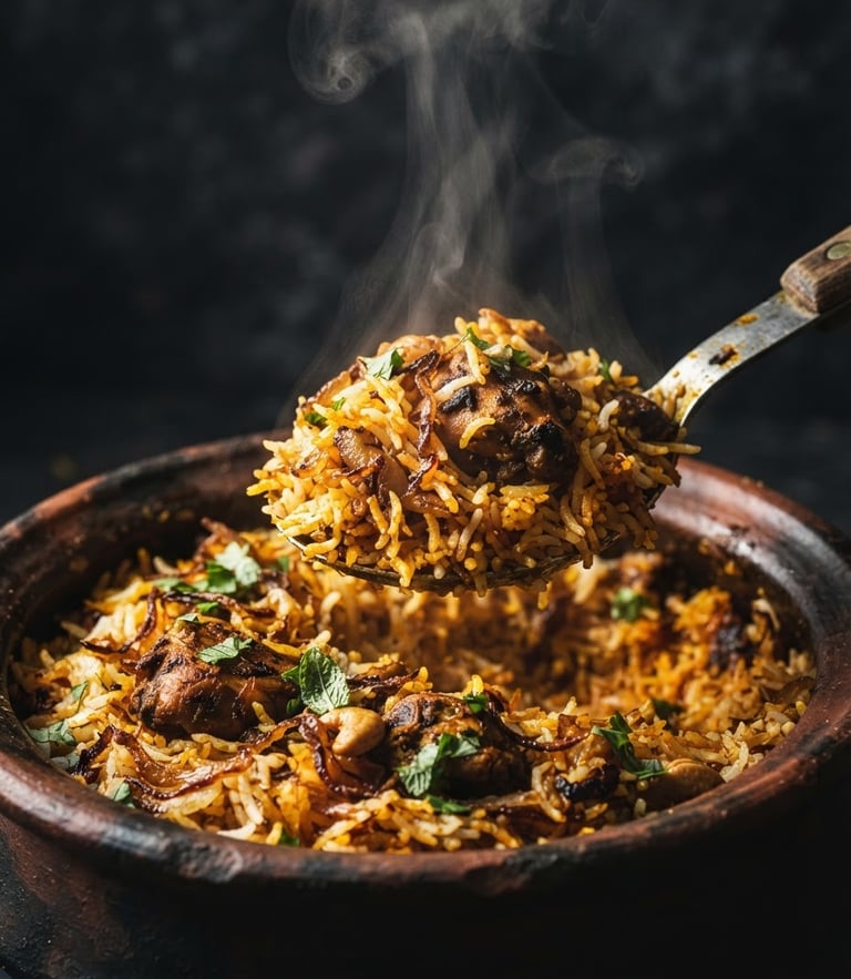 Moody close-up of steaming Biryani being scooped from a clay handi, dramatic side-lighting, rich saffron tones, dark charcoal background.