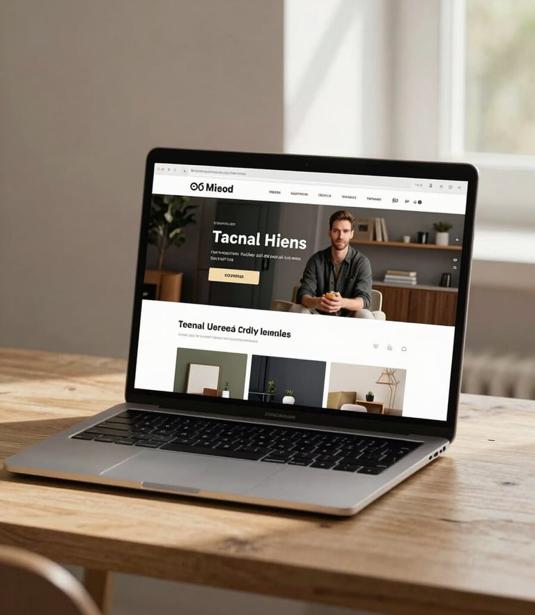 Un écran d'ordinateur portable épuré montrant un site web moderne pour un artisan local, posé sur un bureau en bois clair, lumière naturelle du matin, style minimaliste.