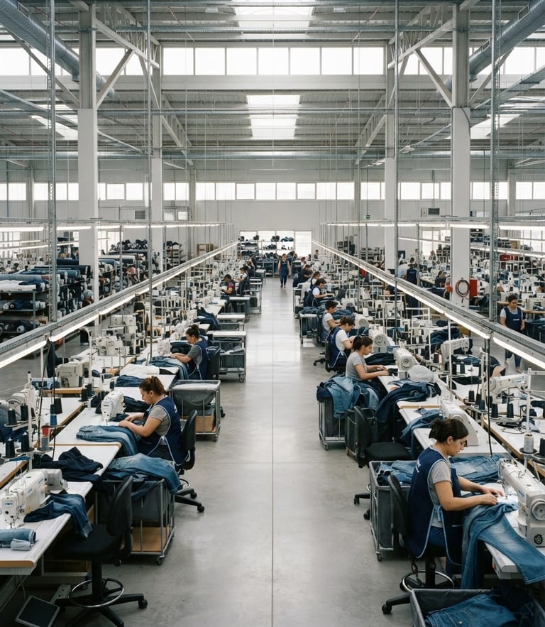 Symmetrical wide-angle architectural shot of a bright, modern garment factory floor with rows of advanced automated sewing machinery, clean daylight, 35mm