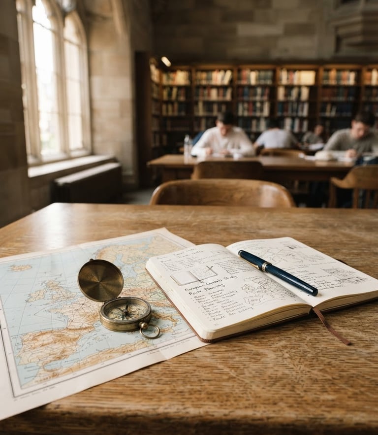 Soft daylight illuminating a quiet wooden library table with an open notebook, a vintage compass, and a map of Europe, 35mm lens, realistic campus setting