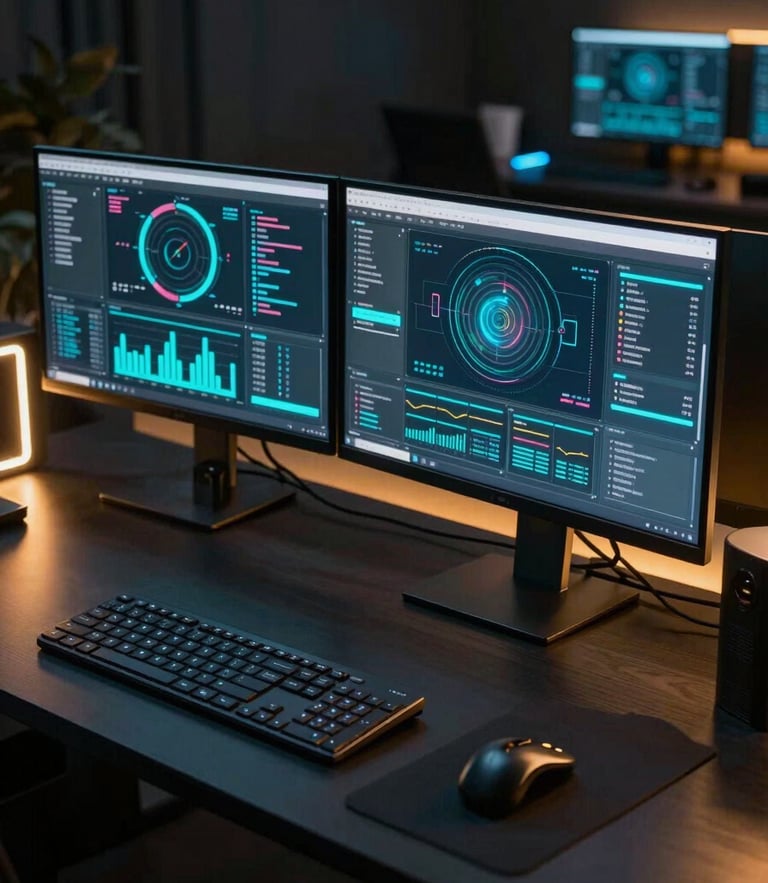 High-contrast dark desk setup with multiple monitors displaying technical analytics, sharp neon cyan and warm gold rim lights, premium professional environment