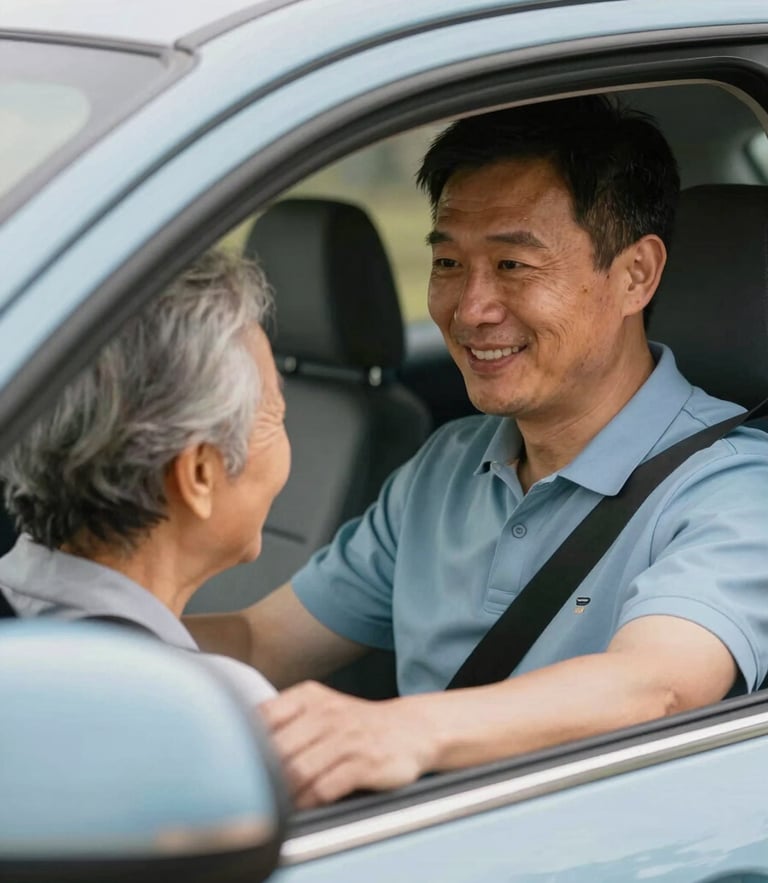 Medium close-up of a professional driver with a warm smile assisting an elderly passenger into a vehicle, soft natural daylight, slate blue tones.