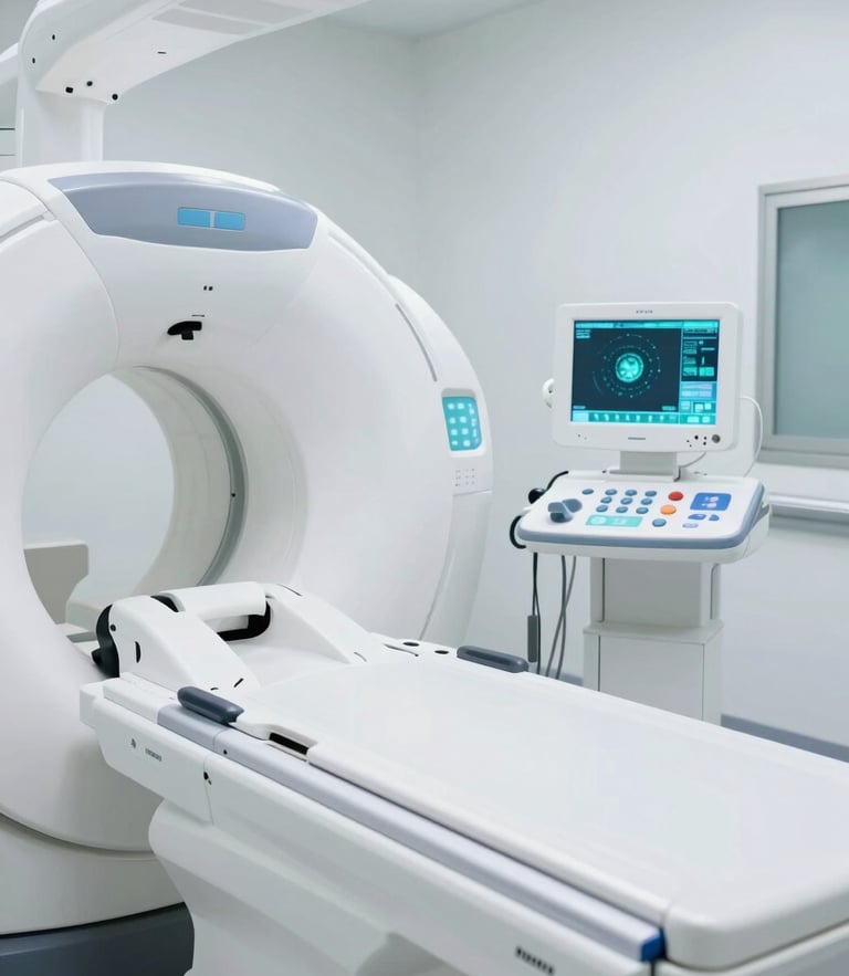 Pristine clinical MRI machine inside a brightly lit sterile white hospital suite, cool digital teal interface visible on the side monitor, sharp focus, 35mm